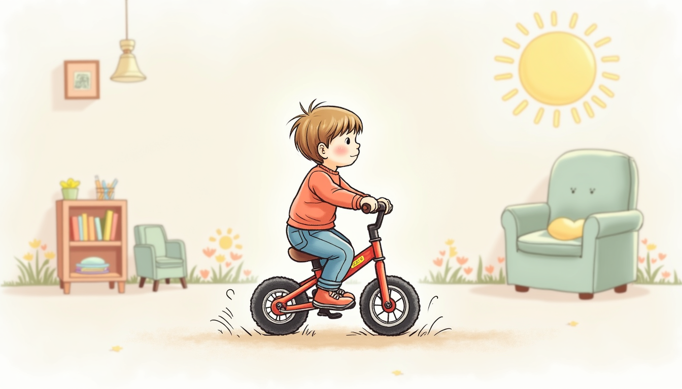 Un copil zâmbitor pe o bicicletă fără pedale într-un parc, cu părinții în fundal, reprezentând bicicleta copii 2 ani.