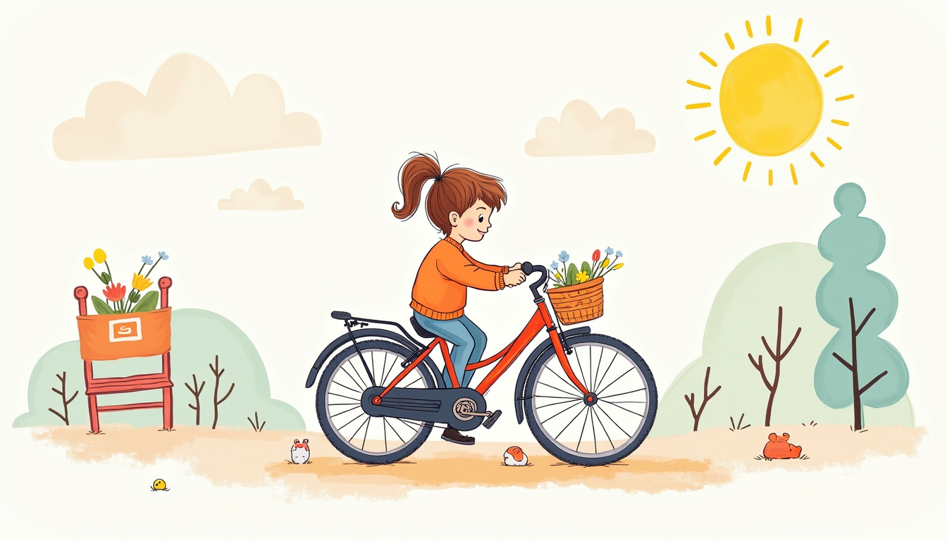 Un copil fericit, purtând cască, pedalează pe o bicicleta colorată într-un parc însorit.