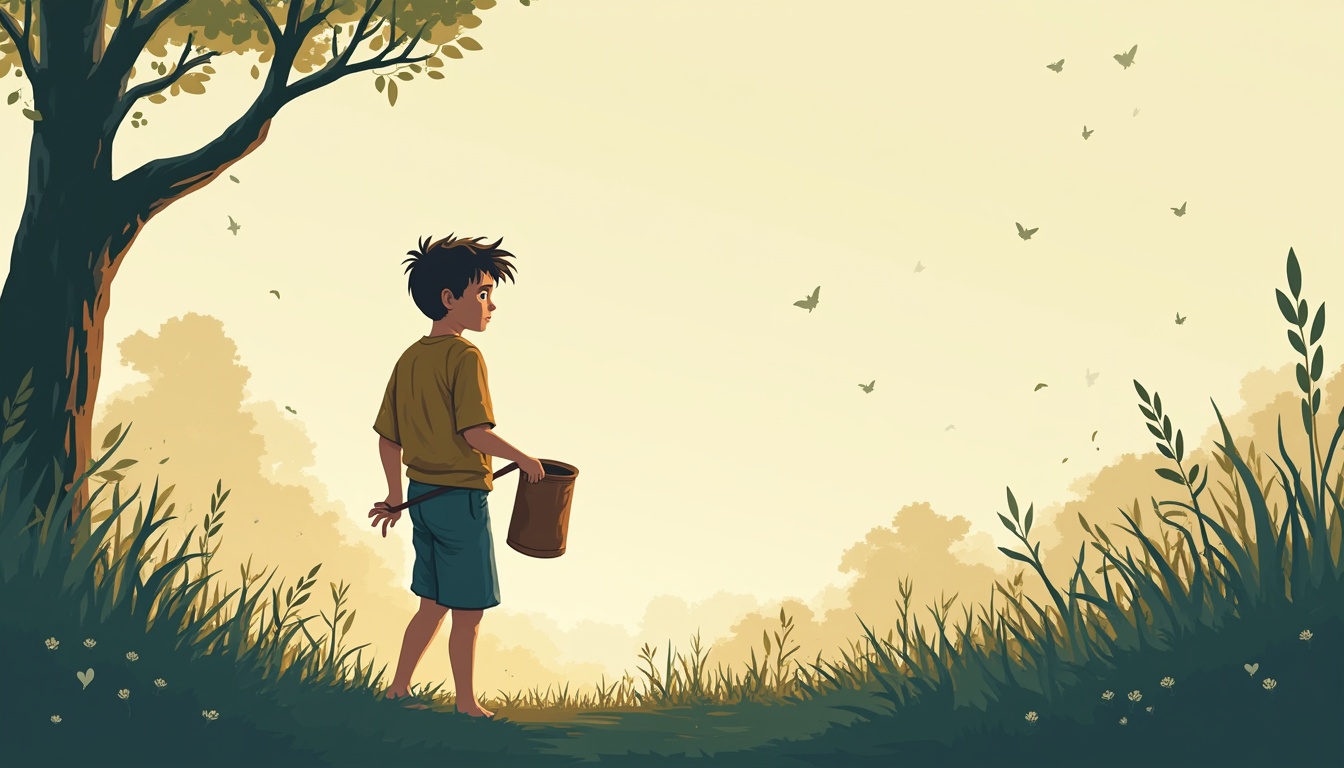 Un copil citind cartea Aventurile lui Tom Sawyer, cu ilustrații ale personajelor principale