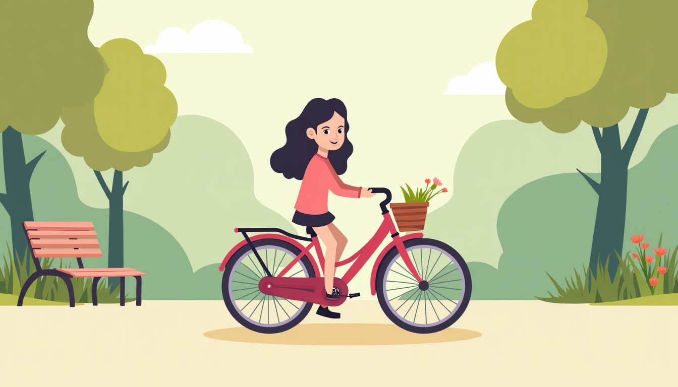 O fetiță zâmbind fericită pe o bicicleta roz într-un parc verde, cu cască de protecție.