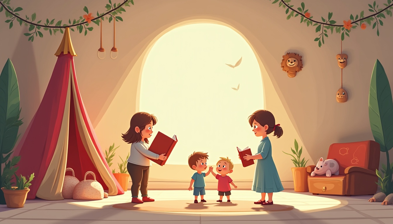 Părinte citind o poveste captivantă pentru copii într-o atmosferă caldă