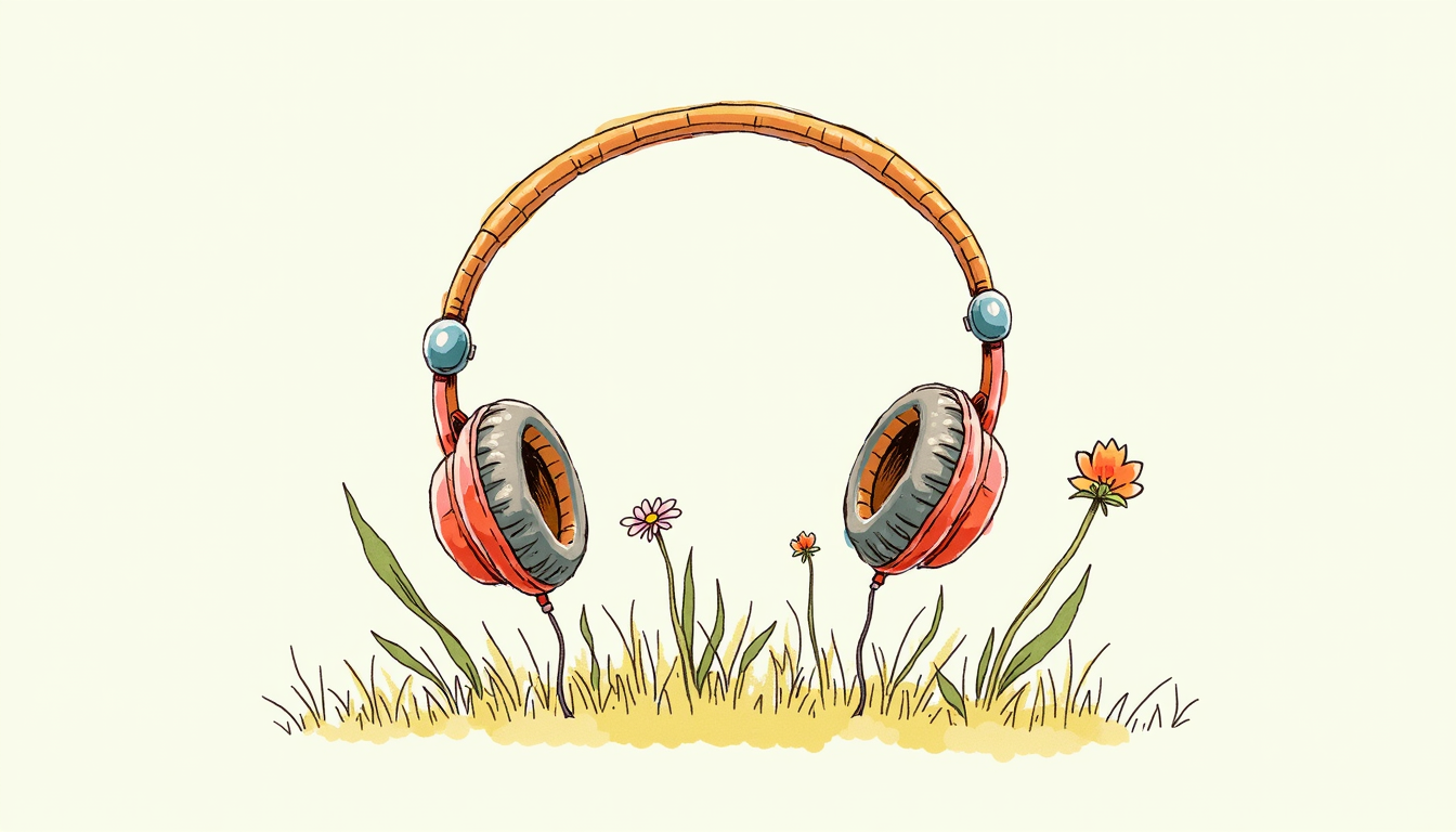 Copil zâmbitor ascultând povesti audio cu căști, înconjurat de cărți și elemente vizuale de poveste, sugerând o lume magică