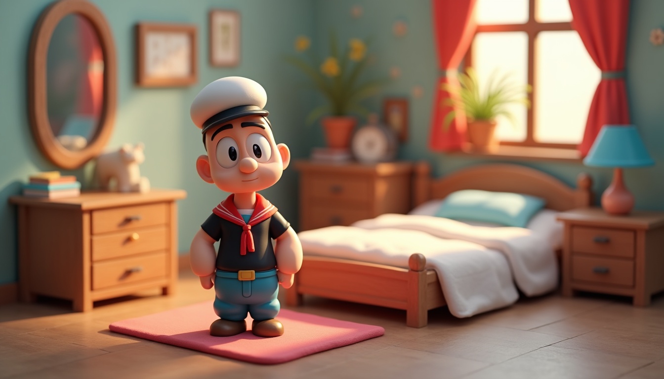 Un copil zâmbitor se joacă cu o figurină Popeye Marinarul, inspirat de personaj.