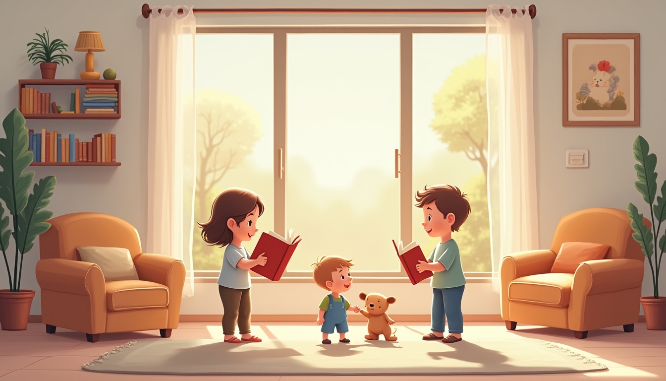 Copil zâmbitor citind o carte de povești ilustrată, simbolizând povești captivante pentru copii.