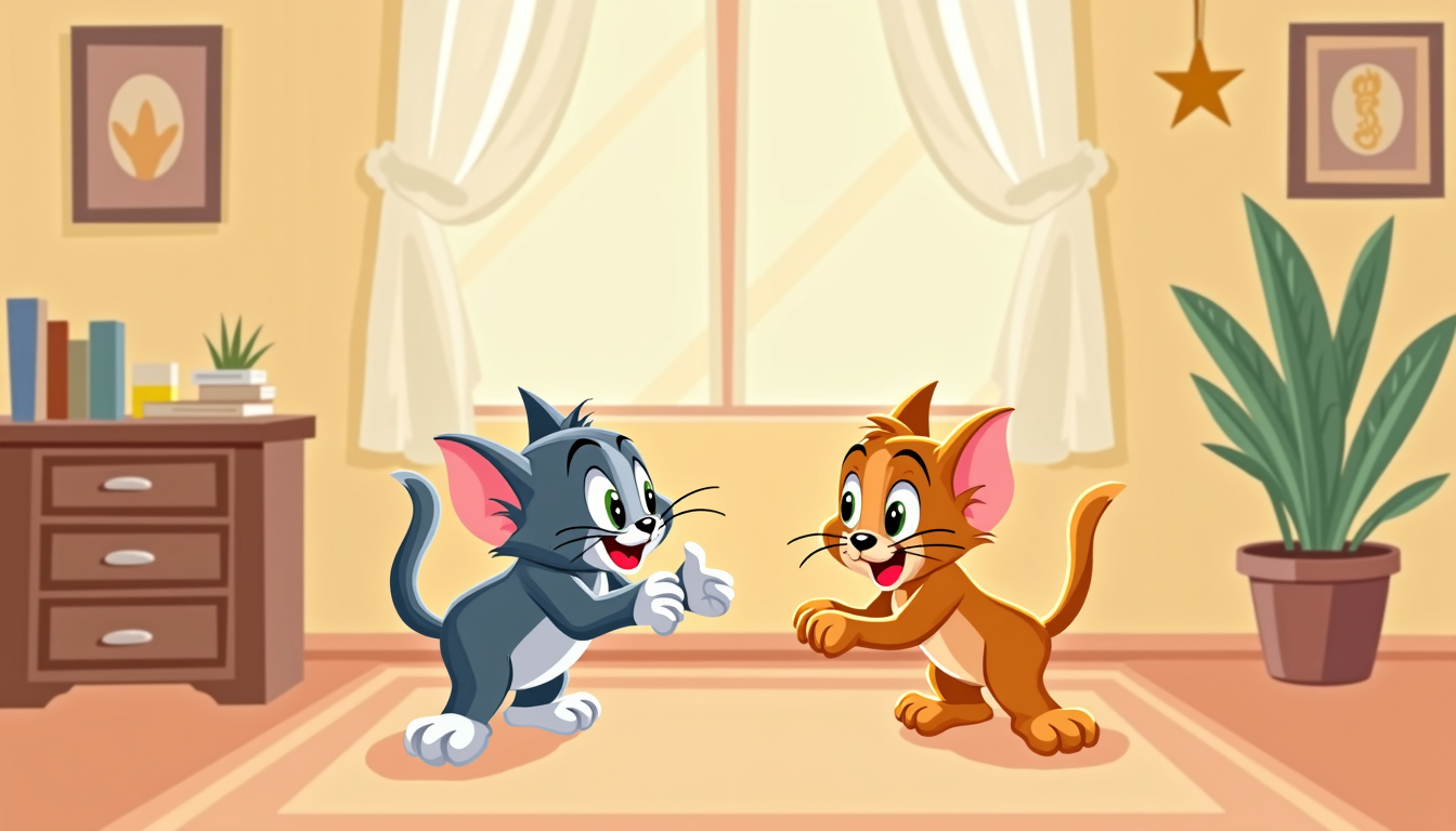 Un desen cu Tom și Jerry râzând, ilustrând lumea desenelor animate pentru copii.
