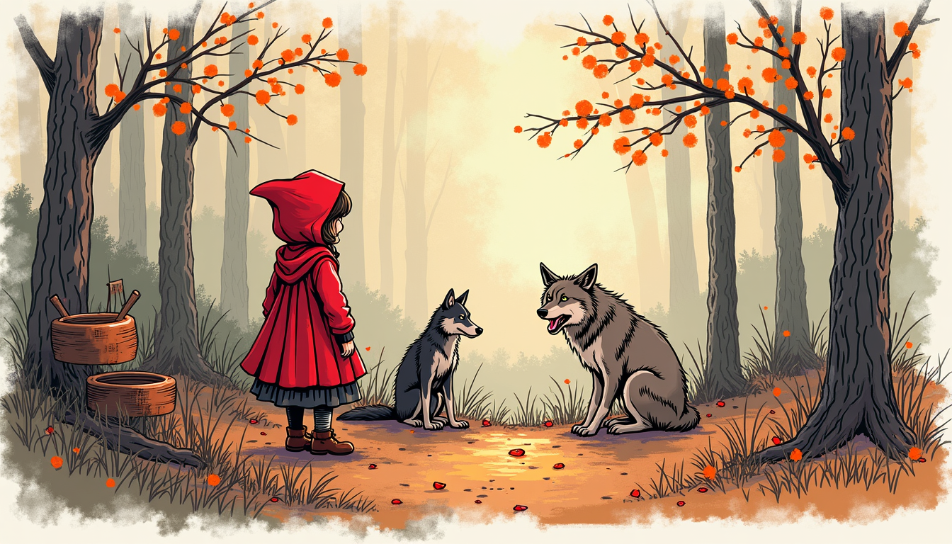 O ilustrație modernă a Scufiței Roșii în pădure, cu lupul ascuns în fundal, sugerând misterul și lecțiile poveștii.